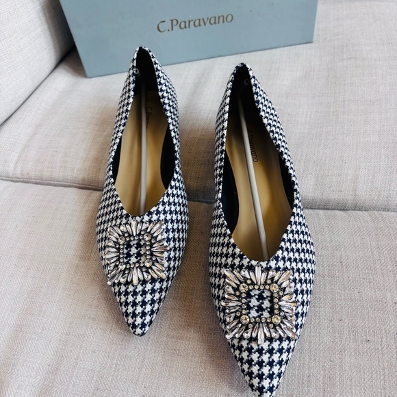 C.Paravano Women’s Crystal Buckle Tweed Flats (Aida) Size 41 10.5us Black &White - Picture 1 of 10